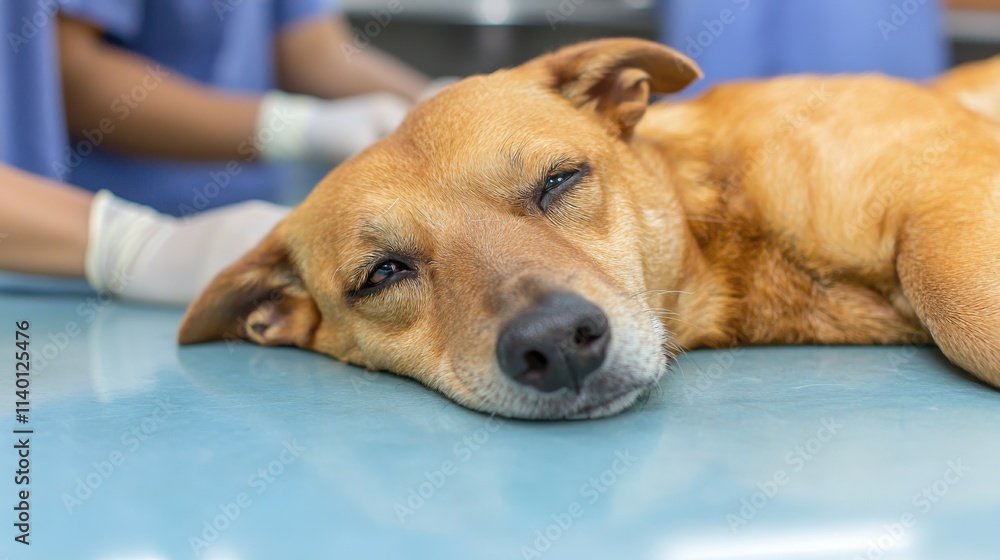 Animal healthcare includes emergency care A dog resting on a vet table during a check-up, showing signs of care and attention. Animal healthcare includes emergency care A dog resting on a vet table during a check-up, showing signs of care and attention.