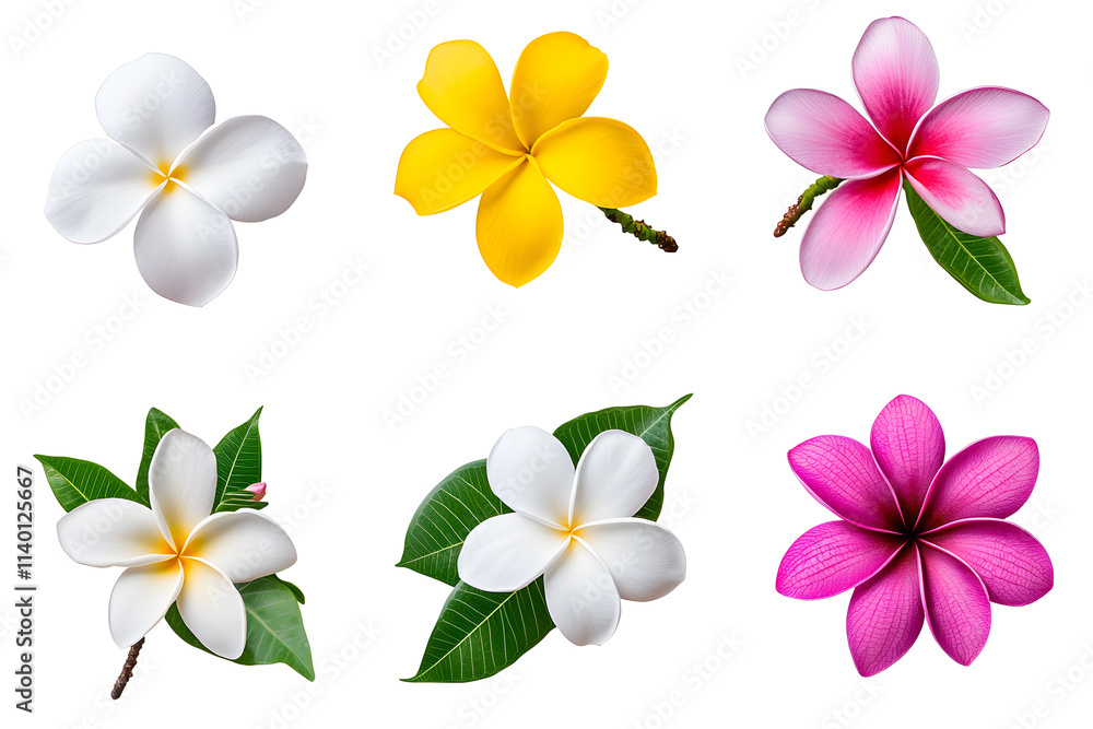 Obraz premium Frangipani bloom flowers collection top view isolated on white background
