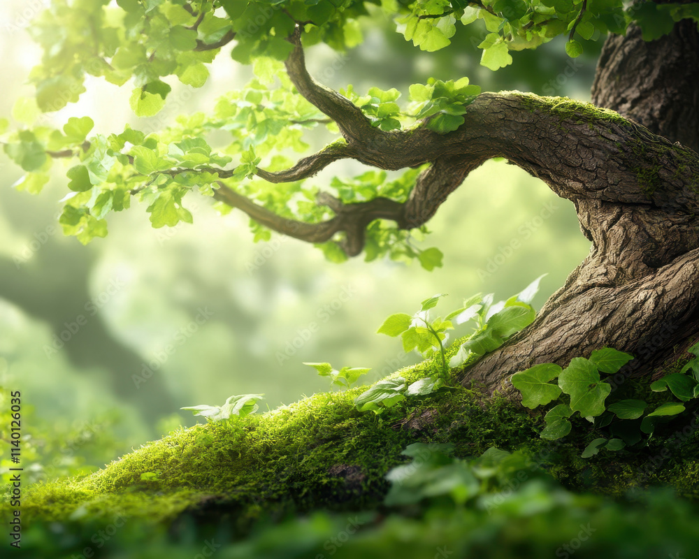 Fototapeta premium Ancient oak tree with deep roots, symbolizing stability and strength in nature. Lush green leaves and moss create serene atmosphere