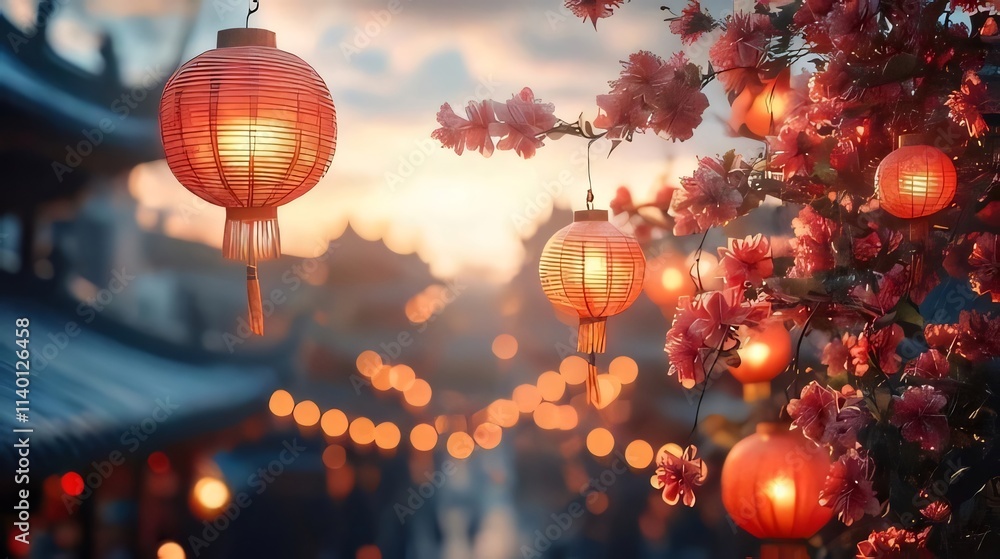 Illuminated lanterns and blossoming cherry branches at sunset in a Chinese town. Illuminated lanterns and blossoming cherry branches at sunset in a Chinese town.