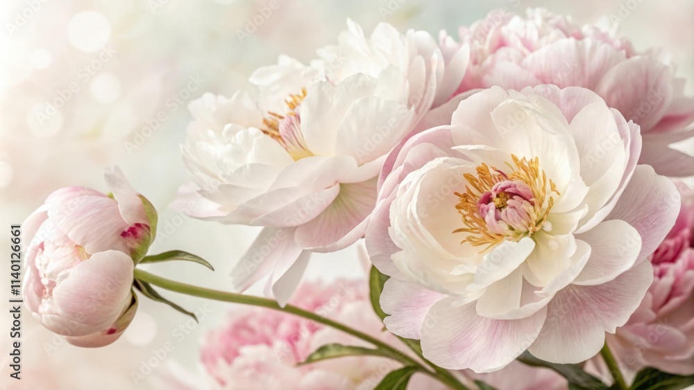 Stunning close up of elegant pink and white peonies showcasing their delicate beauty Stunning close up of elegant pink and white peonies showcasing their delicate beauty
