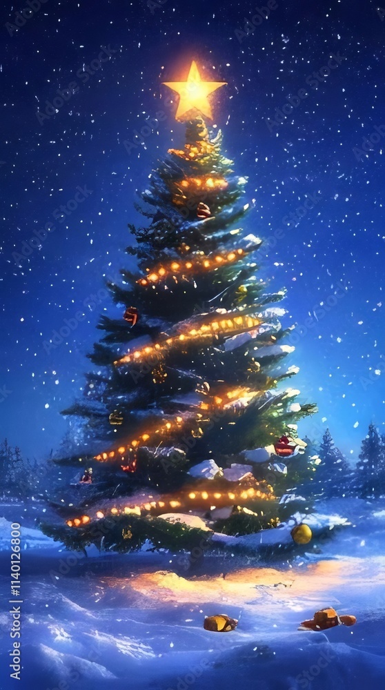 Snowy Christmas tree with star and lights at night. Snowy Christmas tree with star and lights at night.
