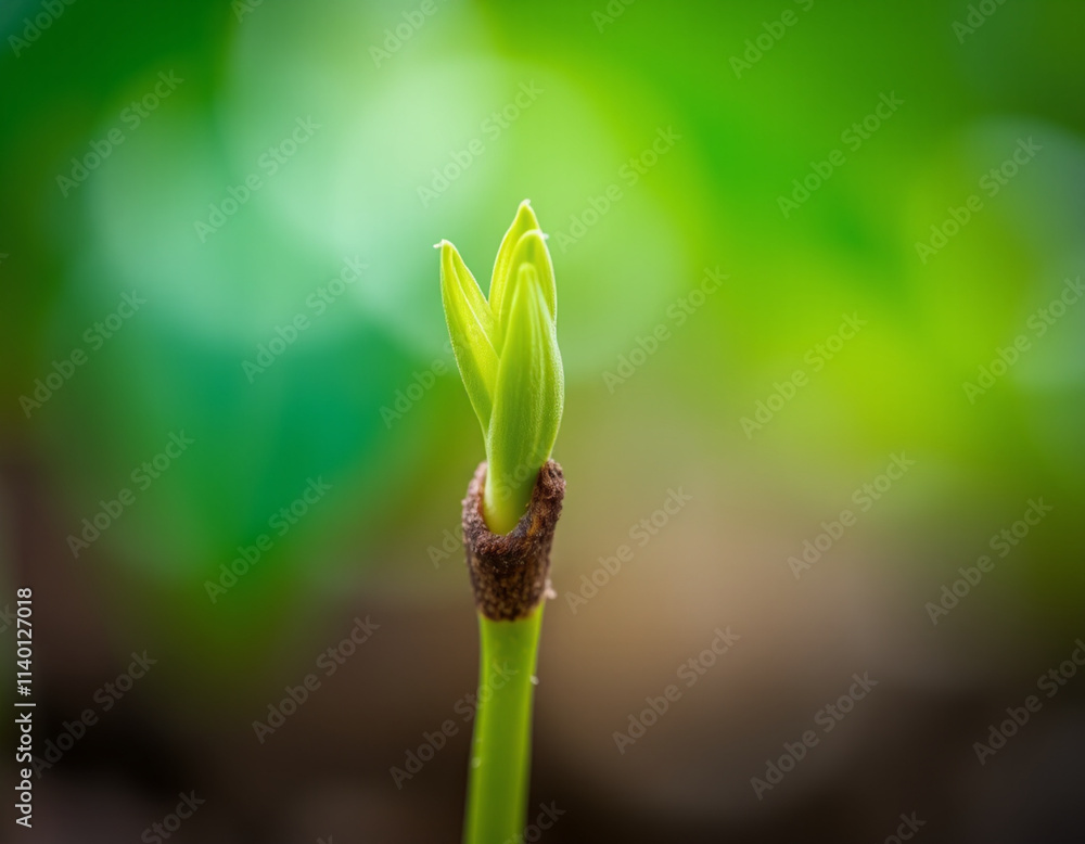 A fresh green plant shoot emerging from the tip of a stem, highlighting its delicate texture and vibrant color A fresh green plant shoot emerging from the tip of a stem, highlighting its delicate texture and vibrant color