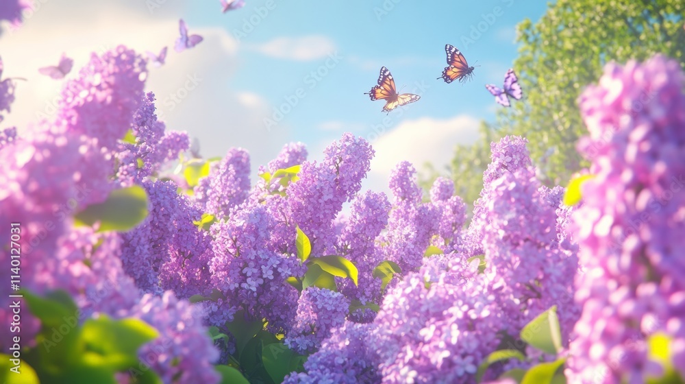Colorful butterflies flutter over blooming lilac flowers in a sunlit garden setting, creating a serene and vibrant atmosphere.