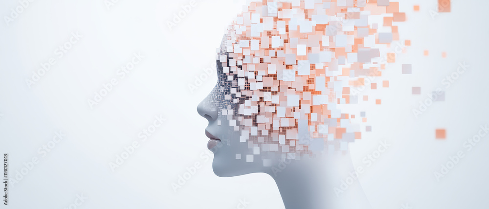 Abstract representation of human head dissolving into pixels, symbolizing digital transformation and fusion of technology with humanity. image evokes sense of innovation and change Abstract representation of human head dissolving into pixels, symbolizing digital transformation and fusion of technology with humanity. image evokes sense of innovation and change
