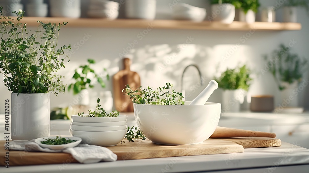 A clean and minimalist composition showcasing a mortar and pestle on a kitchen counter with soft gentle lighting highlighting the essential cooking and food tools in a serene and functional setting A clean and minimalist composition showcasing a mortar and pestle on a kitchen counter with soft gentle lighting highlighting the essential cooking and food tools in a serene and functional setting