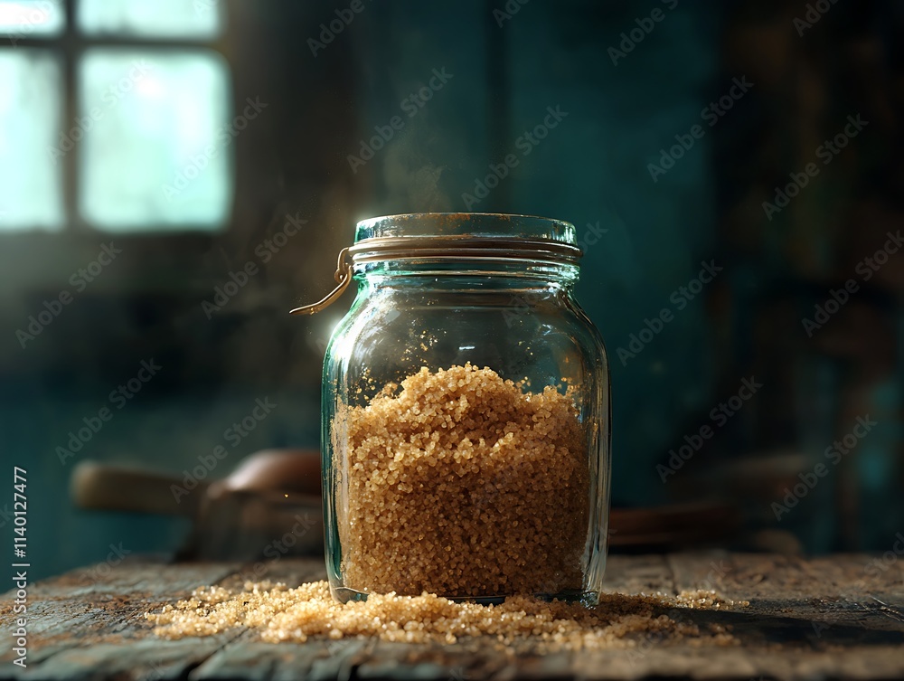 A glass jar filled with brown sugar A glass jar filled with brown sugar
