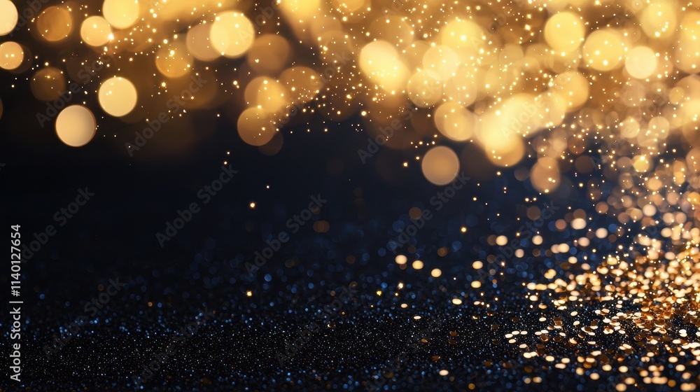 Obraz premium Abstract luxury swirling Gold liquid Gold waves texture A mesmerizing display of golden bokeh lights against a dark background, creating a dreamy and festive atmosphere.