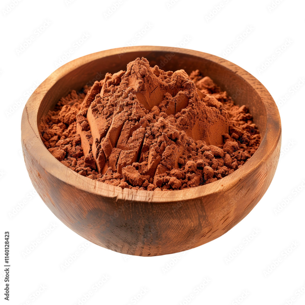 Cocoa Powder in Wooden Bowl, isolated on a transparent background. PNG element. Cocoa Powder in Wooden Bowl, isolated on a transparent background. PNG element.