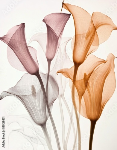 An X-ray of calla lilies, on a white background, with muted pastel colors and soft lighting. 