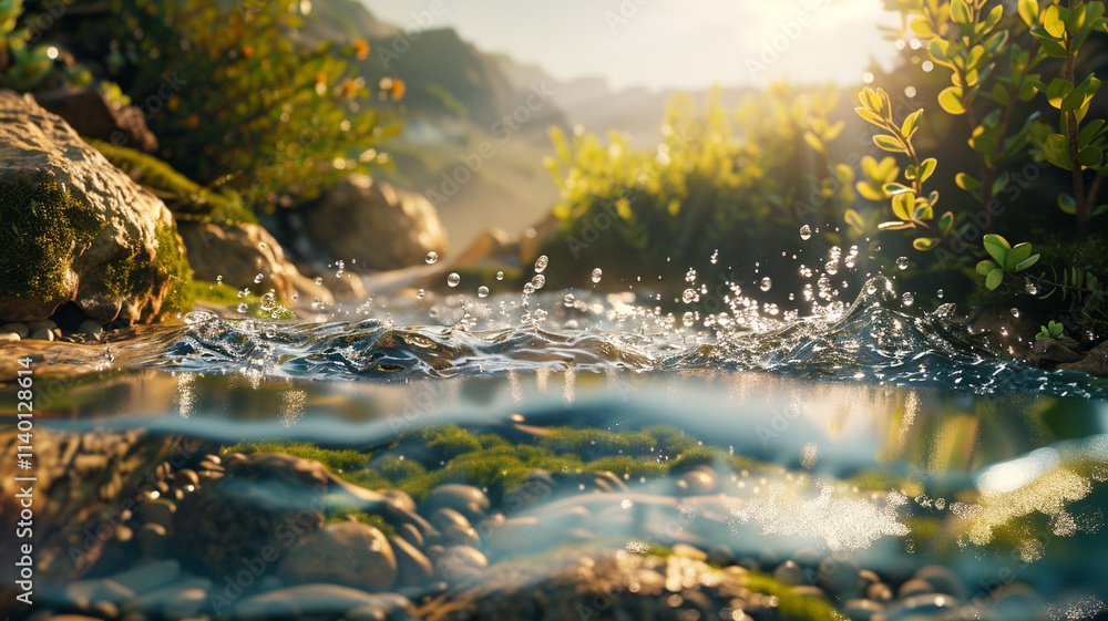 A sparkling spring flows gently over smooth stones, its crystal-clear water shimmering under the warm sunlight, embraced by lush greenery. A sparkling spring flows gently over smooth stones, its crystal-clear water shimmering under the warm sunlight, embraced by lush greenery.