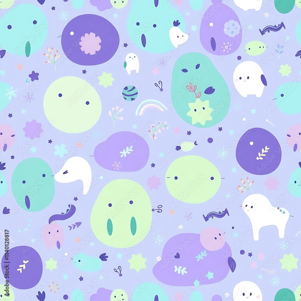 Fototapeta premium Whimsical Purple and Green Creatures Pattern: A cheerful and playful pattern featuring adorable, abstract creatures in various shades of purple, green, and white.