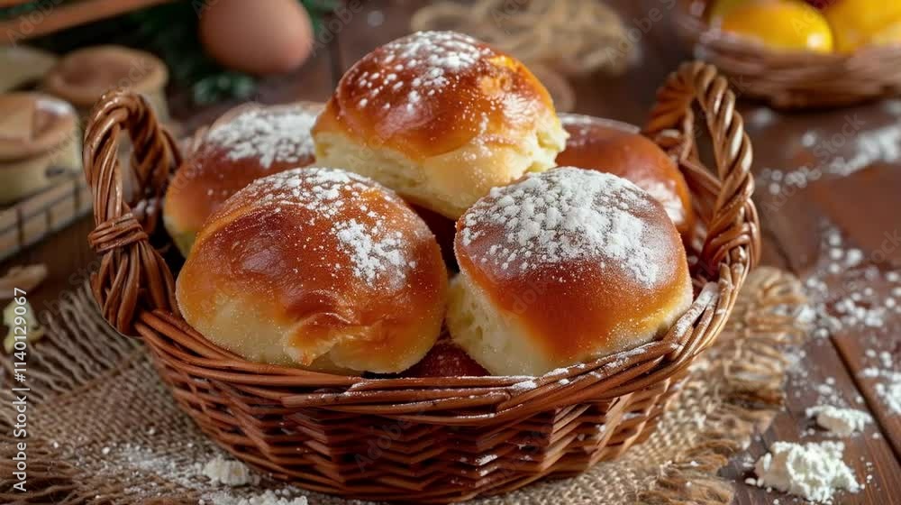 Basket of Freshly Baked Buns Dusted with Powdered Sugar, Evoking Warmth, Sweetness, and Homemade Delight. Basket of Freshly Baked Buns Dusted with Powdered Sugar, Evoking Warmth, Sweetness, and Homemade Delight.