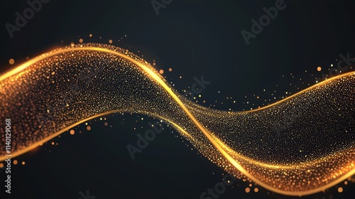 Abstract luxury swirling Gold liquid Gold waves texture A shimmering golden wave of particles flows gracefully against a dark background, creating a captivating visual effect.