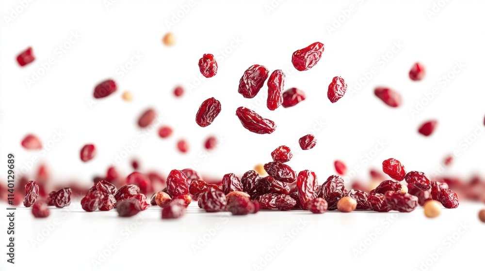 Red Raisins Falling and Landing on White Background Red Raisins Falling and Landing on White Background
