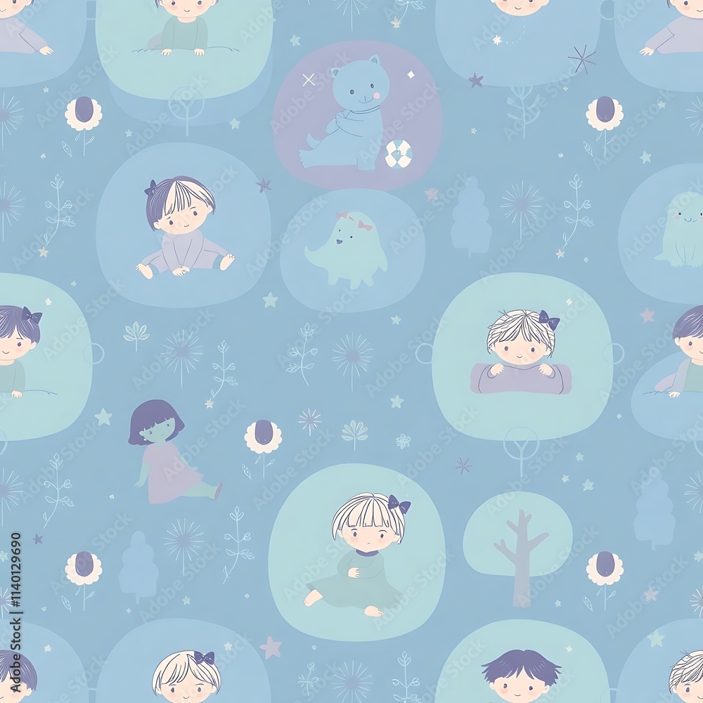 Enchanted Meadow Seamless Pattern: Whimsical Children and Playful Creatures in a Pastel Blue Wonderland Enchanted Meadow Seamless Pattern: Whimsical Children and Playful Creatures in a Pastel Blue Wonderland