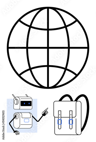 Robot pointing large globe, and school backpack. Ideal for education, technology, global connectivity, digital learning, school supplies, modern education, AI in classrooms. Line metaphor