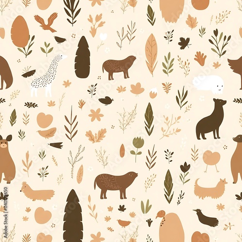 Whimsical Woodland Seamless Pattern: A delightful pattern showcasing adorable woodland creatures and stylized foliage, perfect for adding a touch of whimsy to your projects.  