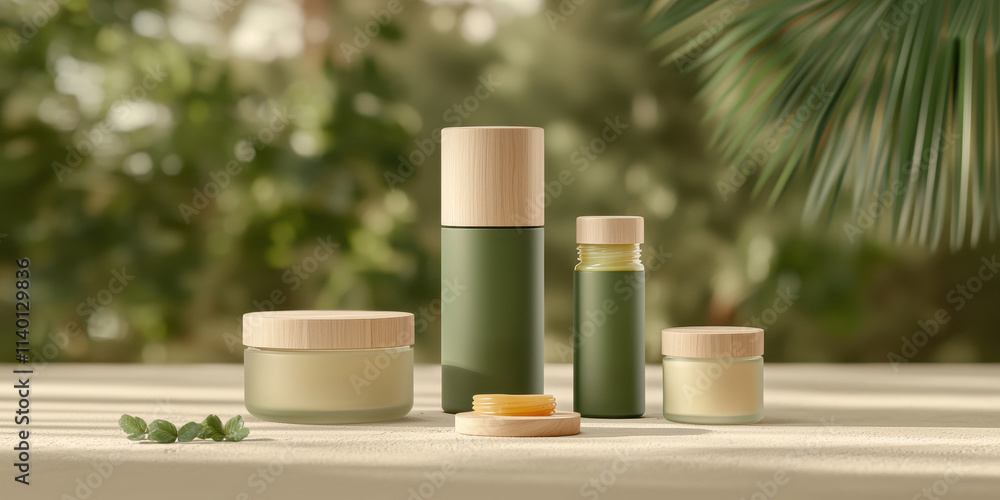 A serene display of green skincare products, emphasizing natural beauty and eco-friendly packaging against a soft, blurred background. A serene display of green skincare products, emphasizing natural beauty and eco-friendly packaging against a soft, blurred background.