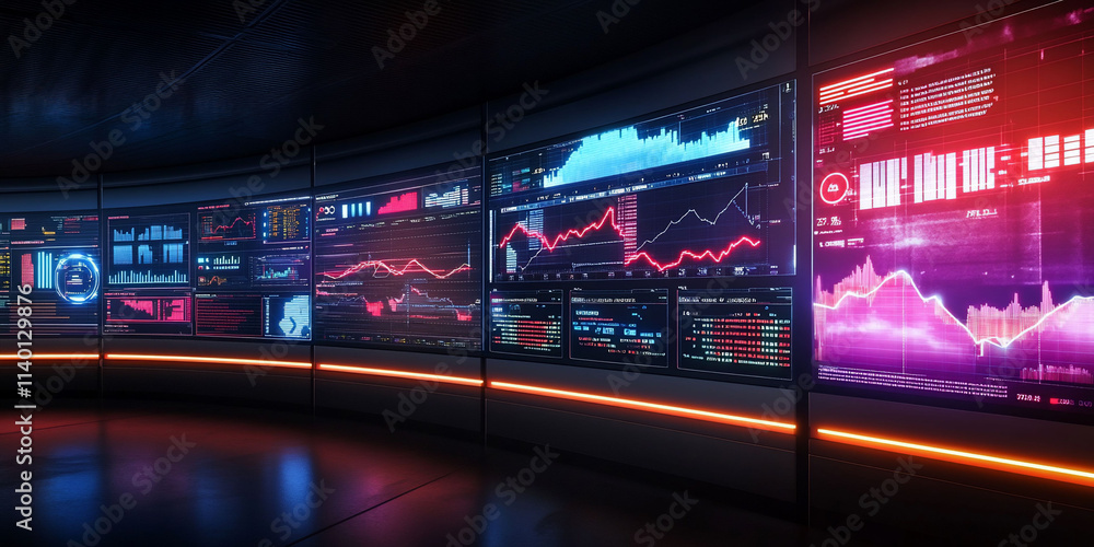 High-tech data visualization in a modern control room. High-tech data visualization in a modern control room.