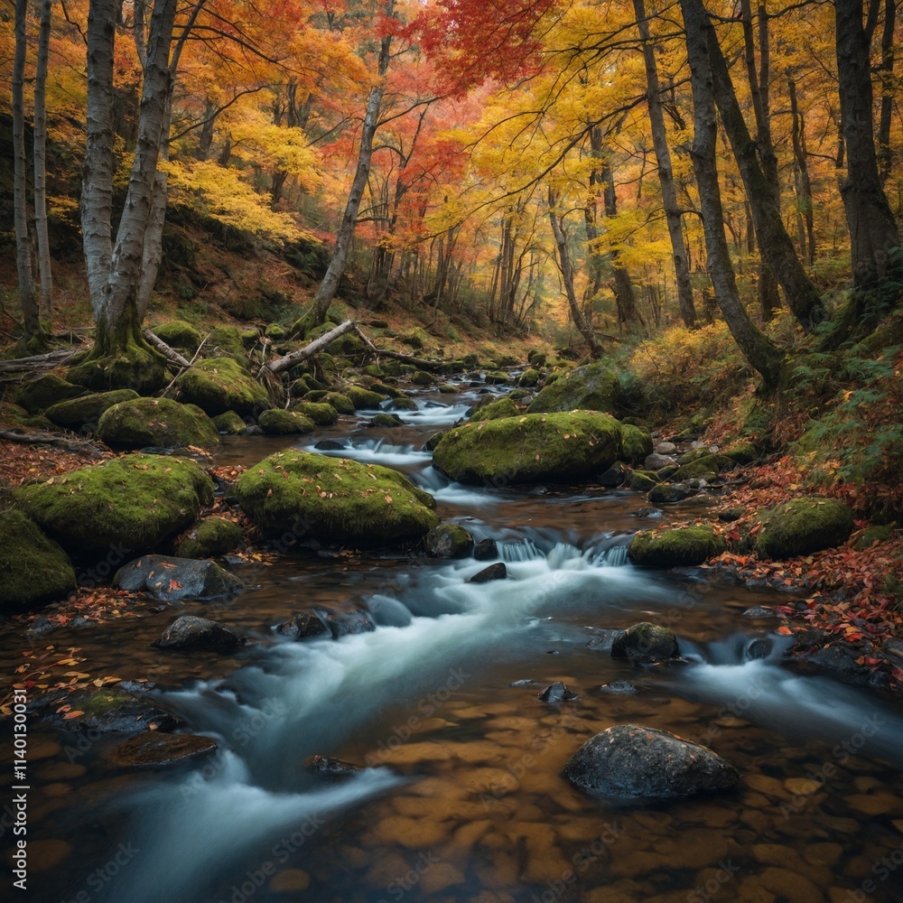 A vibrant autumn forest surrounding a tranquil stream. A vibrant autumn forest surrounding a tranquil stream.