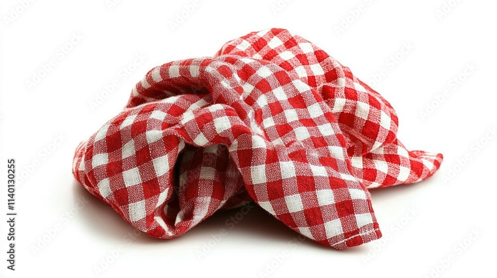 Crumpled red and white checkered kitchen cloth isolated on white background. Crumpled red and white checkered kitchen cloth isolated on white background.