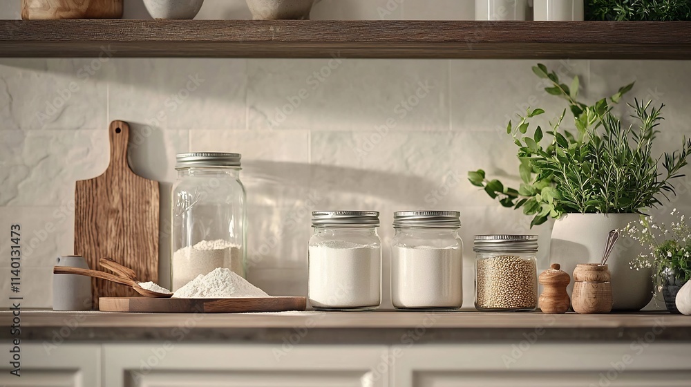 Minimalist image showcasing an orderly arrangement of glass jars filled with various dry ingredients like flour sugar and grains neatly displayed on a kitchen shelf Minimalist image showcasing an orderly arrangement of glass jars filled with various dry ingredients like flour sugar and grains neatly displayed on a kitchen shelf