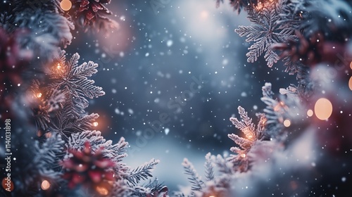 Photorealistic winter christmas background frame with festive decorations. Dreamy atmosphere. Copy space for promotional text. Generative AI