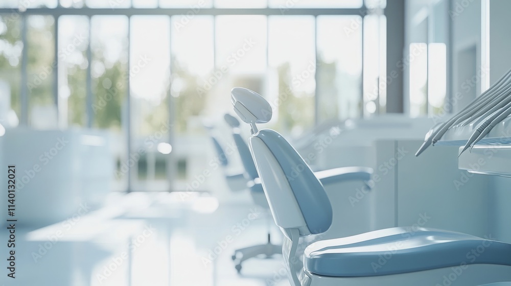 A modern dental office scene in soft focus as the background, featuring sleek dental chairs, a sterile white and blue color scheme, and glowing natural light from large windows A modern dental office scene in soft focus as the background, featuring sleek dental chairs, a sterile white and blue color scheme, and glowing natural light from large windows