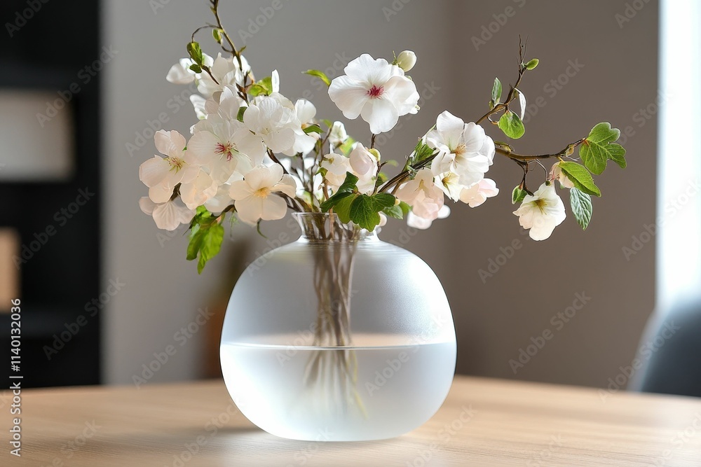 White blossoms in frosted glass vase on table. White blossoms in frosted glass vase on table.