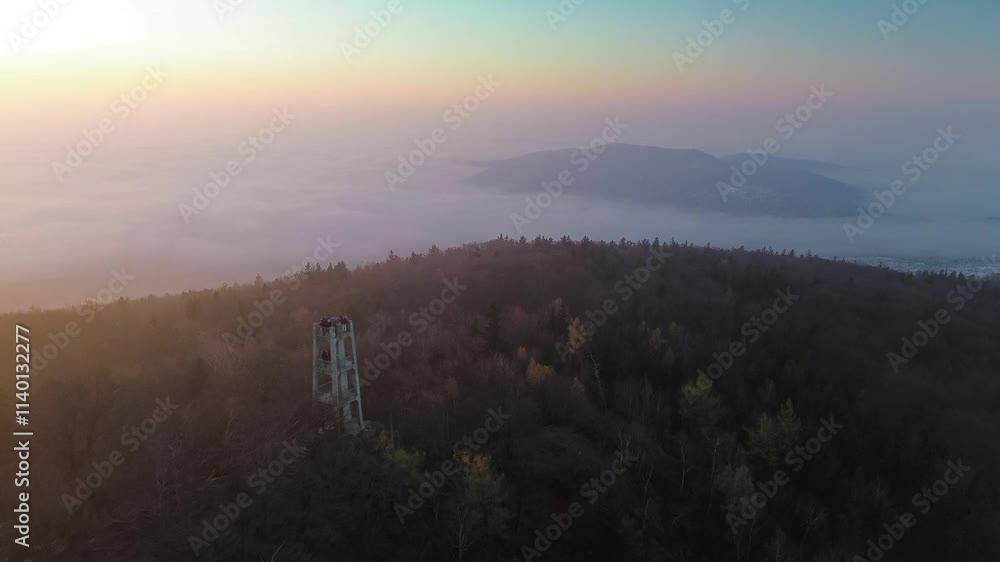View from Mount Ślęża at sunrise, bird's eye view, Lower Silesia, Poland. View from Mount Ślęża at sunrise, bird's eye view, Lower Silesia, Poland.