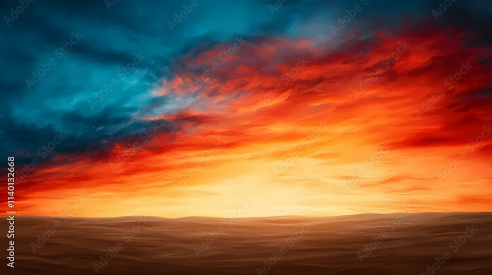 Fototapeta premium A painterly depiction of a sunset over a desert landscape, with vibrant orange and red hues dominating the sky, contrasting against a darker teal blue above, and a smooth, undulating brown desert bel