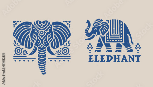 Vintage blue on beige Indian elephant emblem, monochrome vector design
