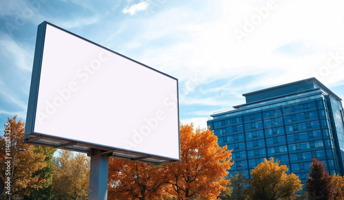 Blank white billboard in urban outdoor setting surrounded by autumn trees perfect for advertisements mockups and branding visuals photo