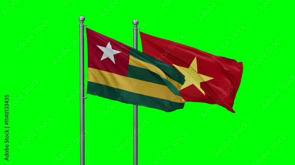 Vietnam and Togo flags flying together, video concept of the relationship with colored chroma key for easy background remove