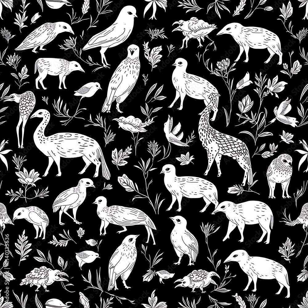 Naklejka premium Black and White Animal Pattern: A captivating seamless pattern featuring intricate line drawings of various birds and animals on a black background.