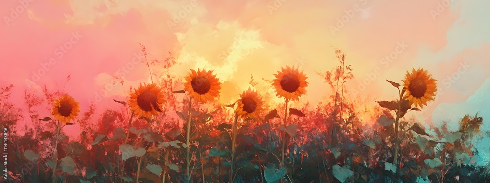 Sunflower field at sunset, an impressionist-style painting, with warm colors and soft brushstrokes, depicting the golden hues of sunflowers against an open sky Sunflower field at sunset, an impressionist-style painting, with warm colors and soft brushstrokes, depicting the golden hues of sunflowers against an open sky