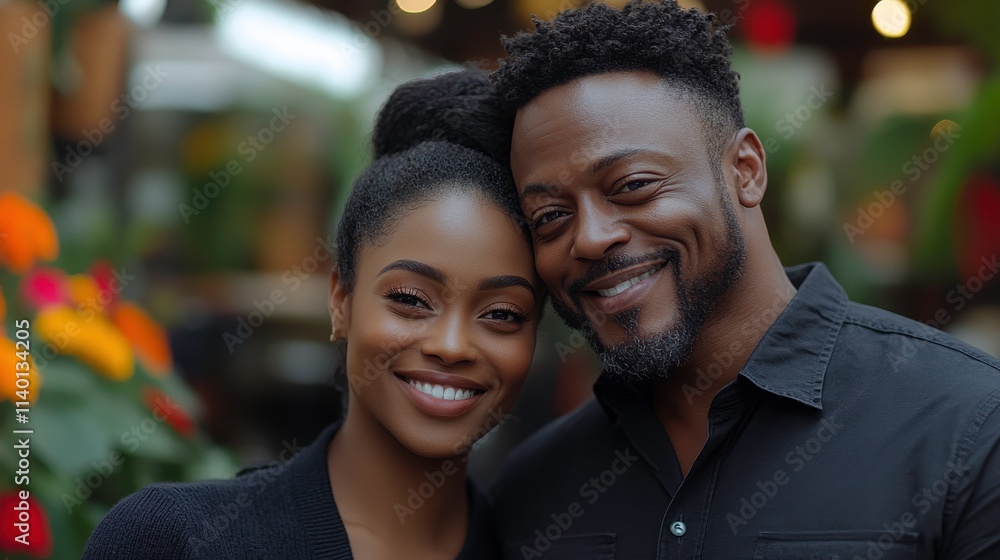 A joyful couple smiles together in a vibrant floral setting. A joyful couple smiles together in a vibrant floral setting.