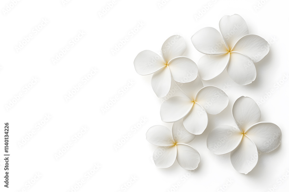 Fototapeta premium White frangipani flowers top view isolated on white background