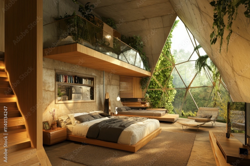 Naklejka premium Modern bedroom, wood, plants, glass, loft, forest view.