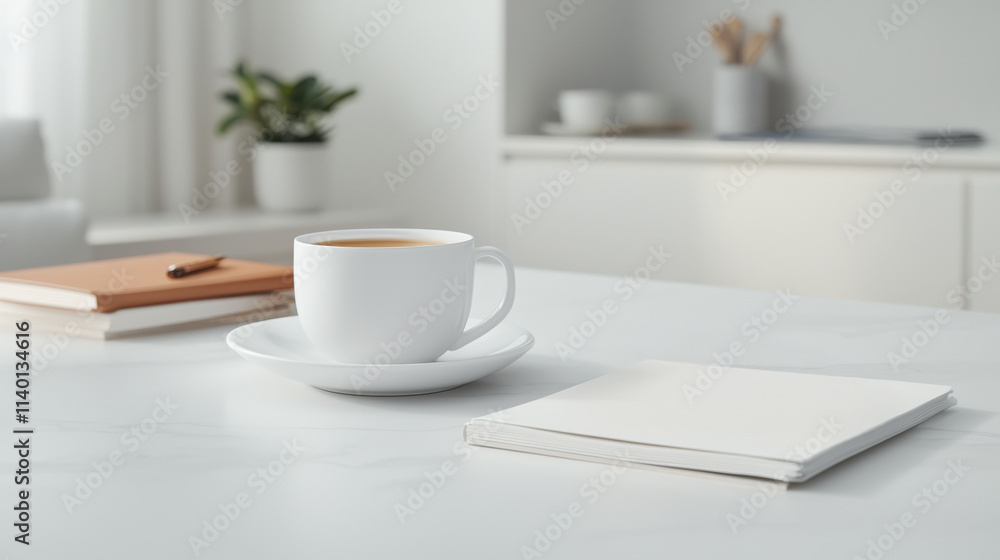 A serene workspace featuring a cup of coffee, a notebook, and a journal on a minimalist table, promoting relaxation and productivity. A serene workspace featuring a cup of coffee, a notebook, and a journal on a minimalist table, promoting relaxation and productivity.