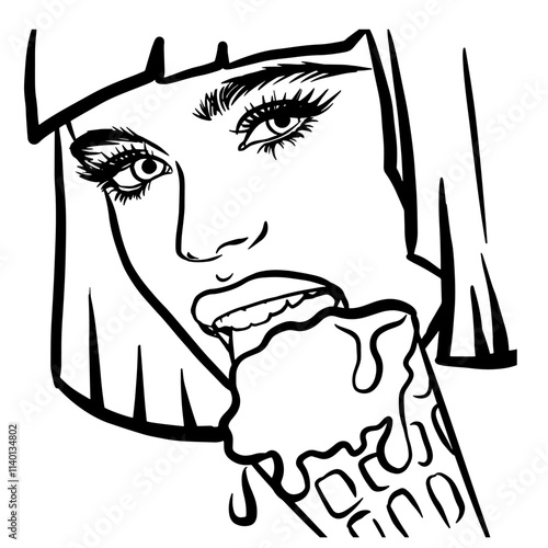 Girl licking ice cream, comic pop art style, vector illustration, coloring page