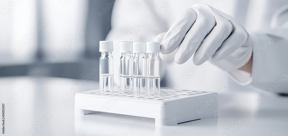 Laboratory hand placing test tubes in rack, showcasing high tech drug development. scene reflects precision and innovation in scientific research Laboratory hand placing test tubes in rack, showcasing high tech drug development. scene reflects precision and innovation in scientific research