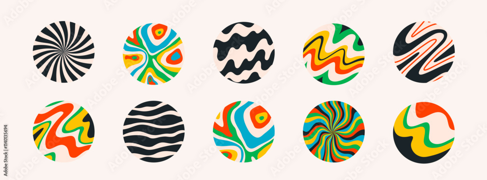 round shape stickers with funny groovy patterns. Colorful abstract circles with trendy retro style wave, chess, swirl, rainbow. Ideal for social media, sticker designs and decorations, vector round shape stickers with funny groovy patterns. Colorful abstract circles with trendy retro style wave, chess, swirl, rainbow. Ideal for social media, sticker designs and decorations, vector