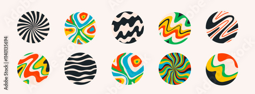 round shape stickers with funny groovy patterns. Colorful abstract circles with trendy retro style wave, chess, swirl, rainbow. Ideal for social media, sticker designs and decorations, vector