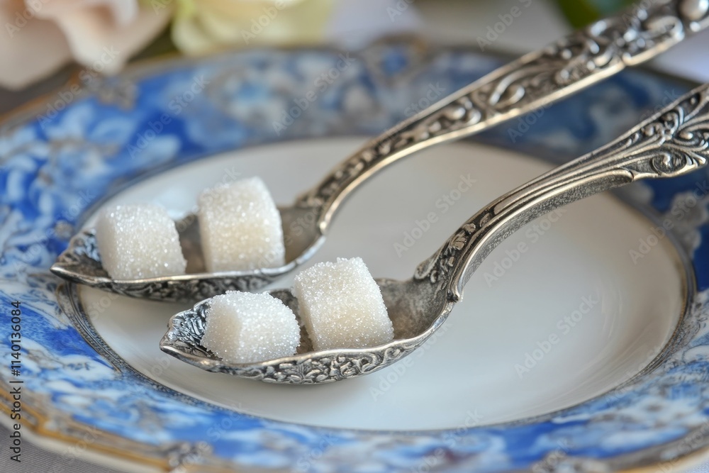 Sugar cubes on ornate spoons, blue plate. Sugar cubes on ornate spoons, blue plate.