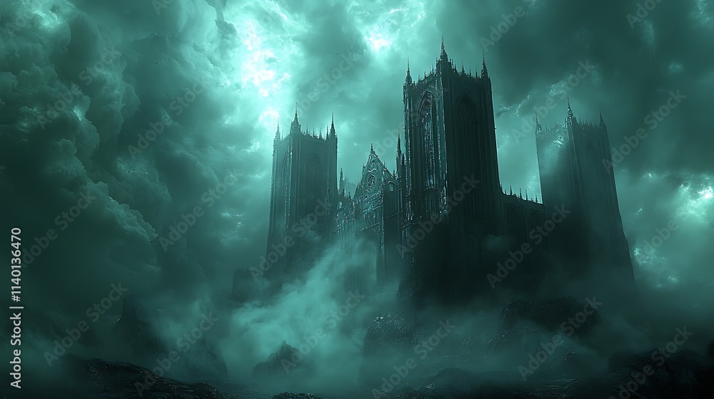 Gothic cathedral with dark, ominous clouds and fog 