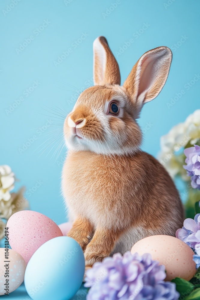 Fototapeta premium Lively bunny perched among eggs and flowers on a vibrant blue background, capturing the essence of Easter celebration.