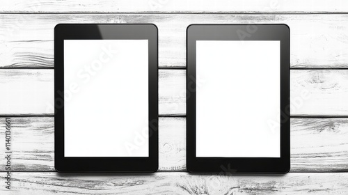 Two Blank Tablets on White Wooden Table photo