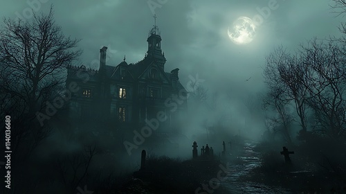 Haunted Victorian mansion surrounded by foggy graveyard, eerie moonlight 